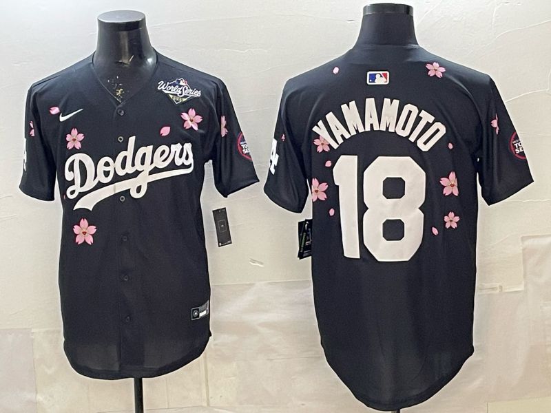 Men 2025 Los Angeles Dodgers #18 Yamamoto Black Sakura Edition Nike MLB Jersey 016